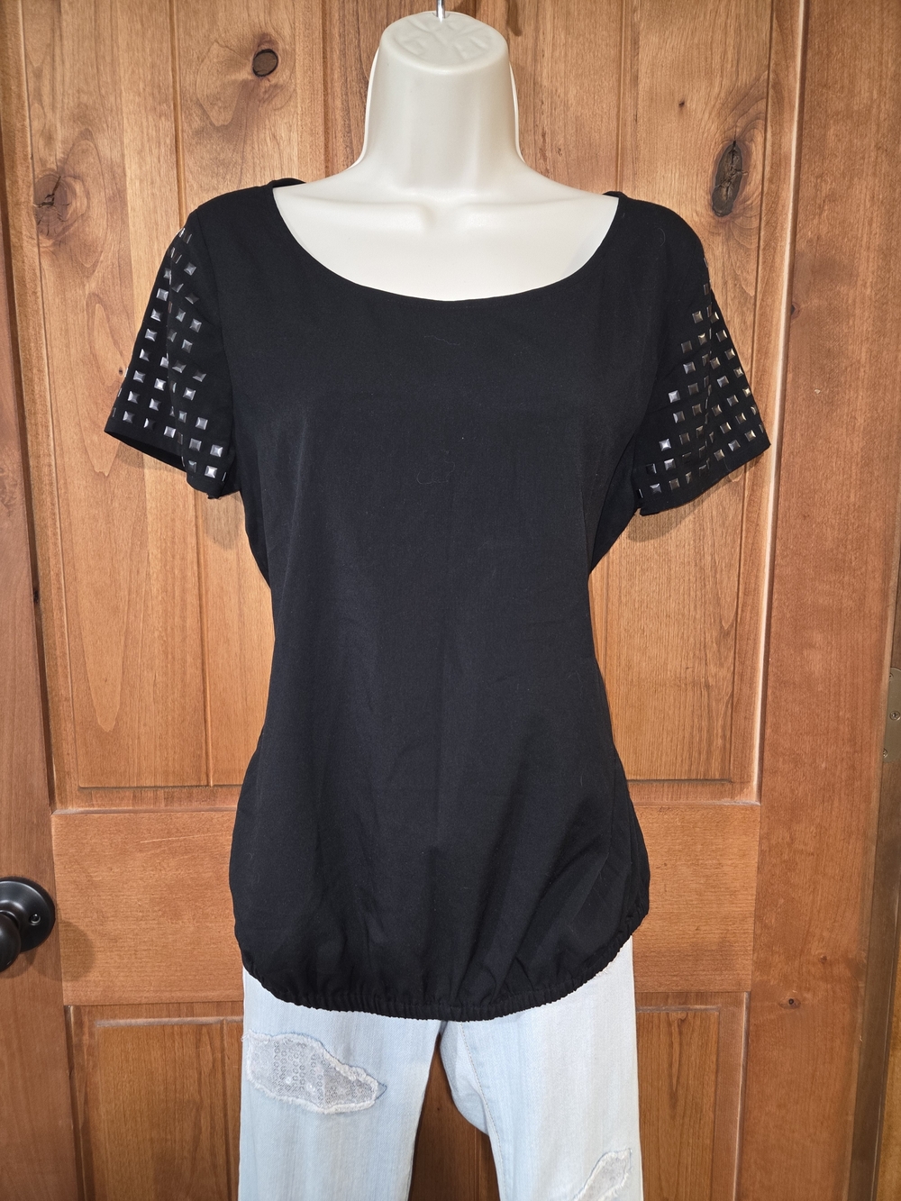 a.n.a Black Short‎ Sleeve Top with Studded Sleeve Detail